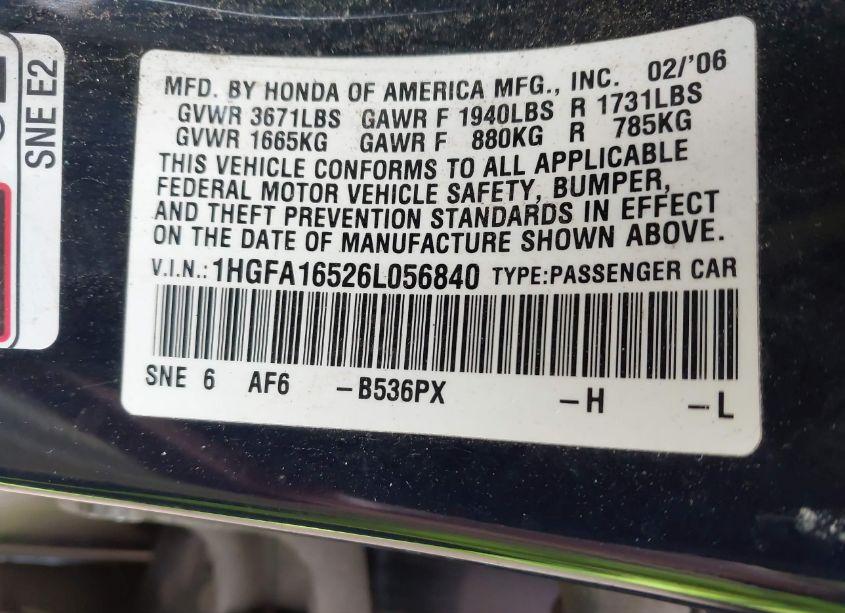 Photo 9 of 2006 Honda Civic LX (VIN 1HGFA16526L056840)