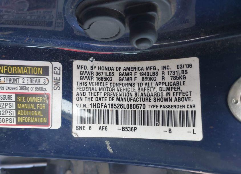 Photo 9 of 2006 Honda Civic LX (VIN 1HGFA16526L080670)