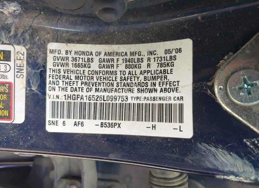 Photo 9 of 2006 Honda Civic LX (VIN 1HGFA16526L099753)