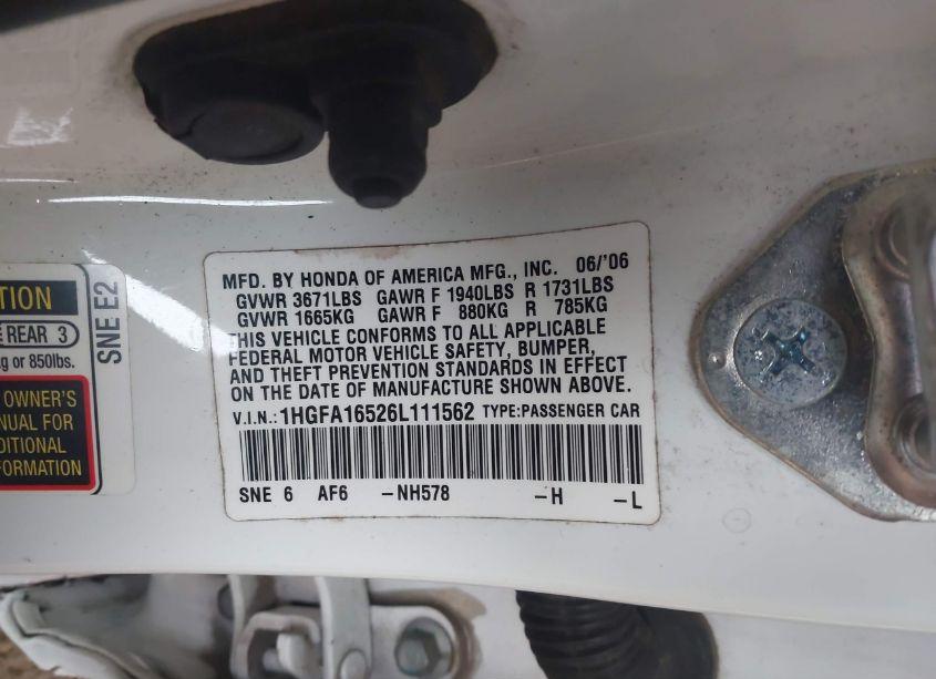 Photo 9 of 2006 Honda Civic LX (VIN 1HGFA16526L111562)