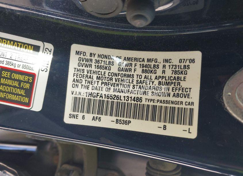 Photo 9 of 2006 Honda Civic LX (VIN 1HGFA16526L131486)