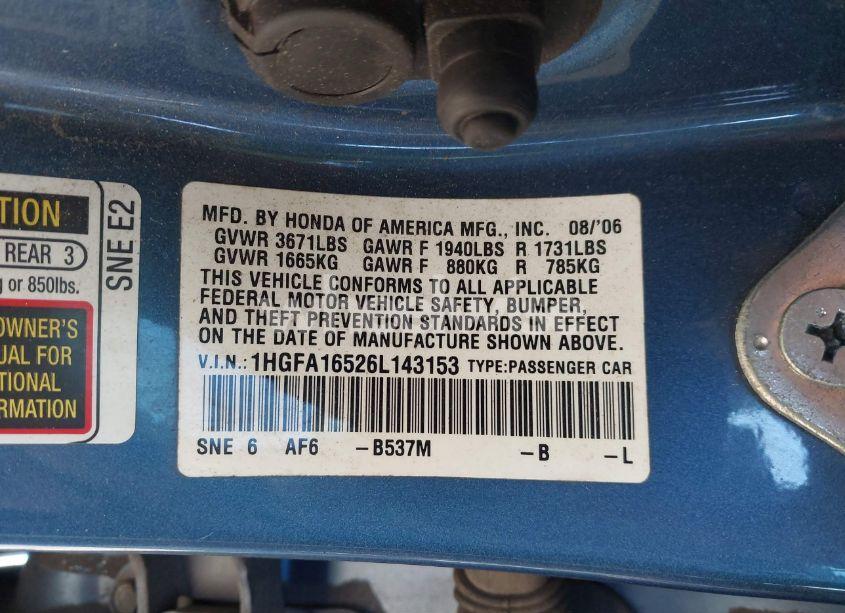 Photo 9 of 2006 Honda Civic LX (VIN 1HGFA16526L143153)