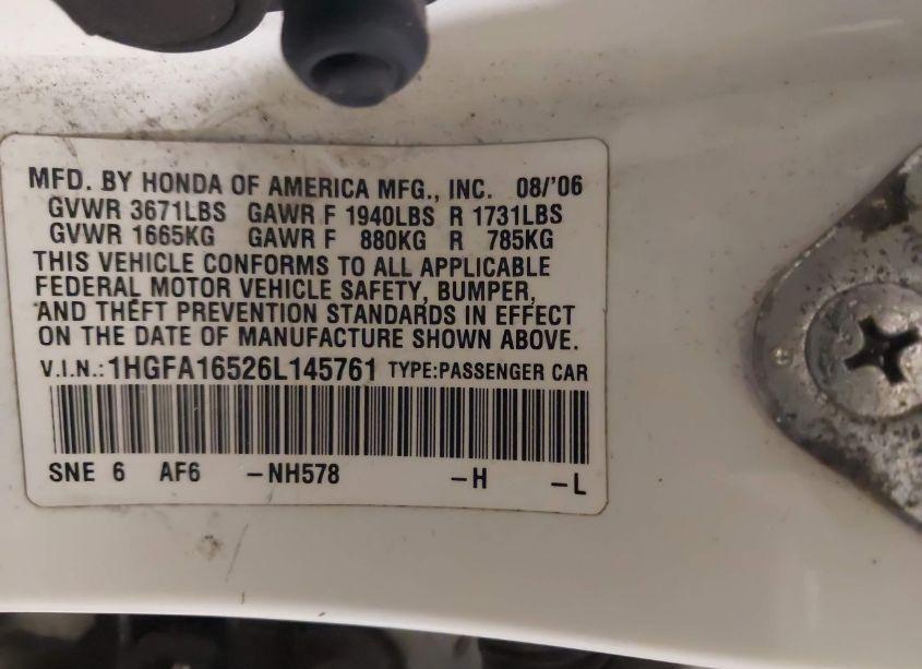 Photo 9 of 2006 Honda Civic LX (VIN 1HGFA16526L145761)