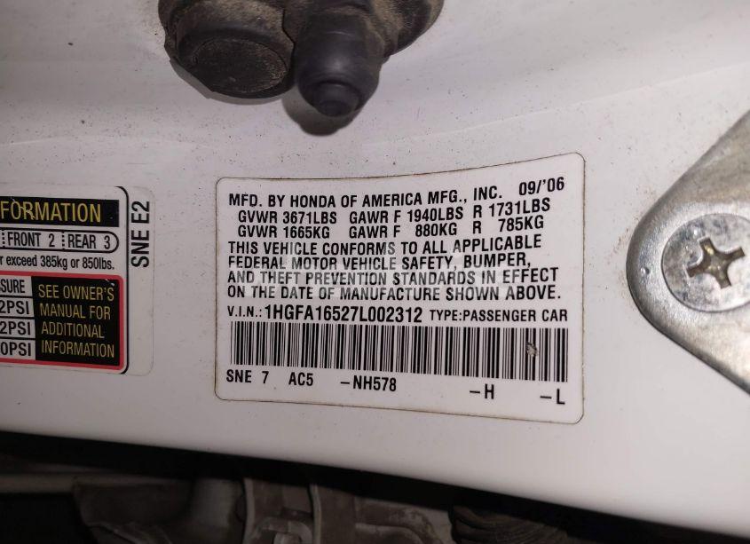 Photo 9 of 2007 Honda Civic LX (VIN 1HGFA16527L002312)