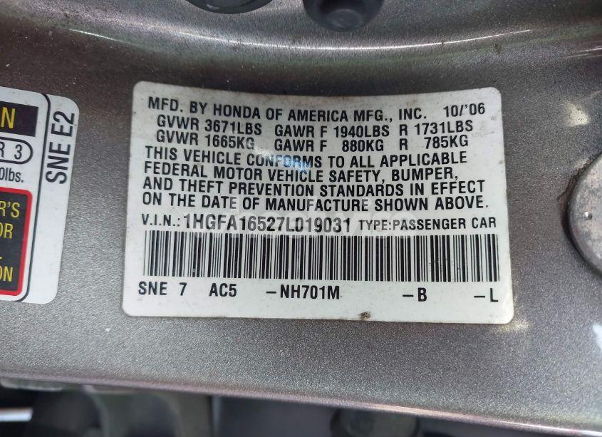 Photo 9 of 2007 Honda Civic LX (VIN 1HGFA16527L019031)