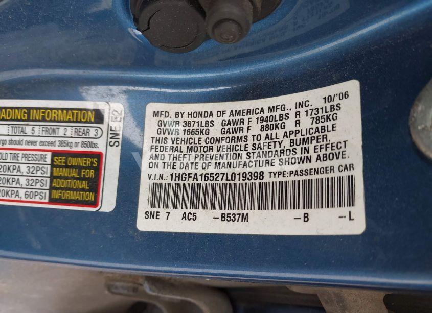 Photo 9 of 2007 Honda Civic LX (VIN 1HGFA16527L019398)