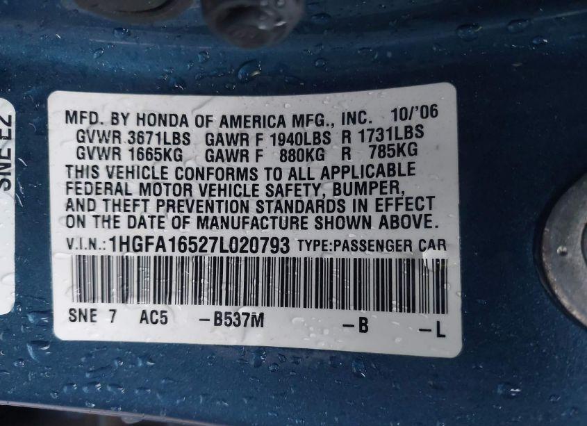 Photo 9 of 2007 Honda Civic LX (VIN 1HGFA16527L020793)