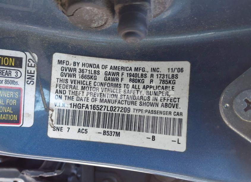 Photo 9 of 2007 Honda Civic LX (VIN 1HGFA16527L027209)