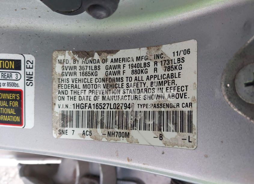 Photo 9 of 2007 Honda Civic LX (VIN 1HGFA16527L027940)