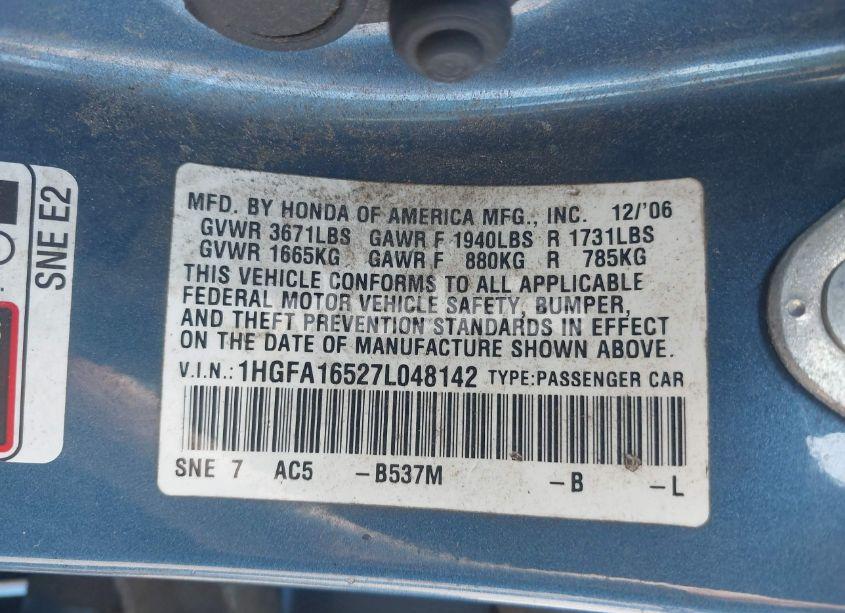 Photo 9 of 2007 Honda Civic LX (VIN 1HGFA16527L048142)