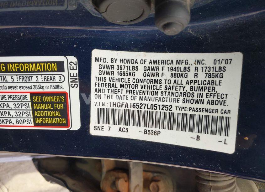 Photo 9 of 2007 Honda Civic LX (VIN 1HGFA16527L051252)