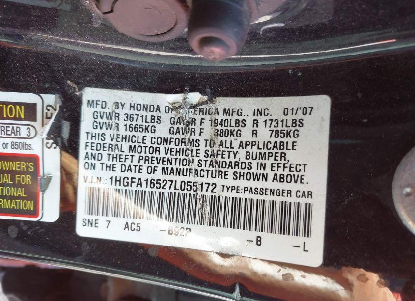 Photo 9 of 2007 Honda Civic LX (VIN 1HGFA16527L055172)
