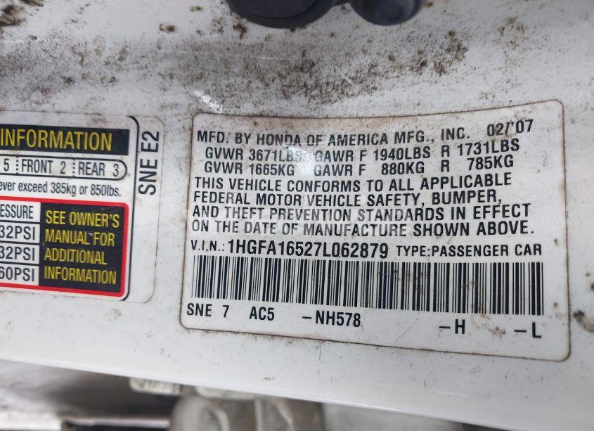 Photo 9 of 2007 Honda Civic LX (VIN 1HGFA16527L062879)
