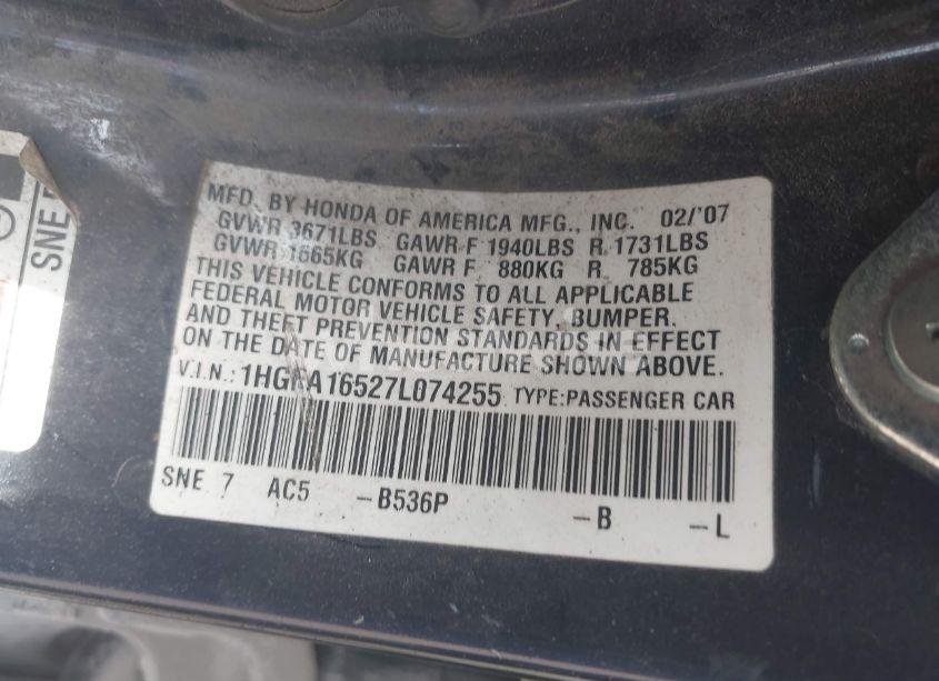 Photo 9 of 2007 Honda Civic LX (VIN 1HGFA16527L074255)