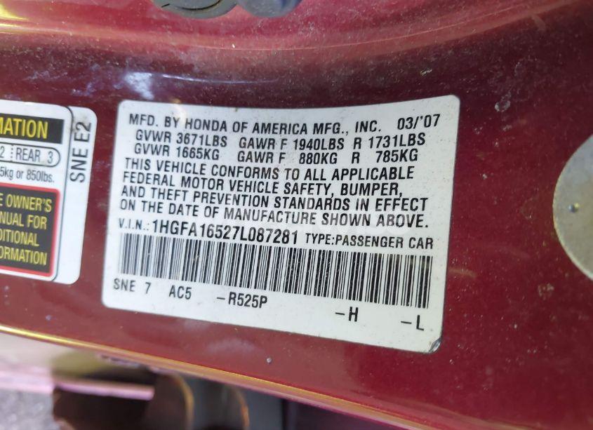 Photo 9 of 2007 Honda Civic LX (VIN 1HGFA16527L087281)