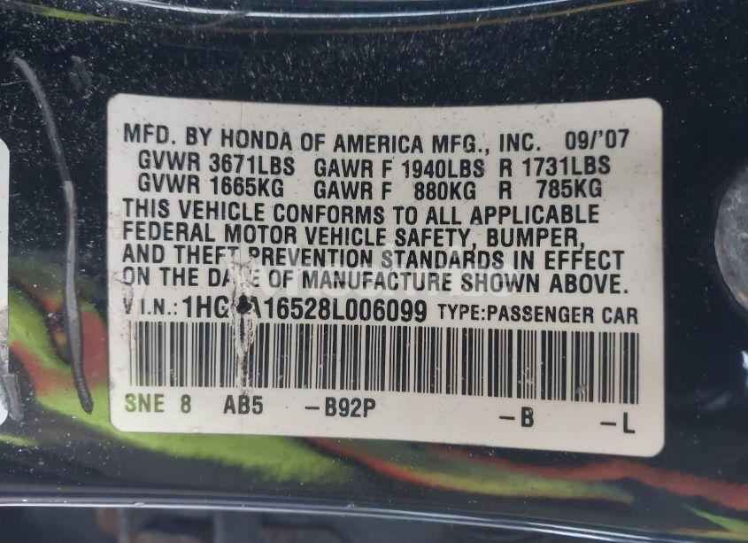Photo 9 of 2008 Honda Civic LX (VIN 1HGFA16528L006099)