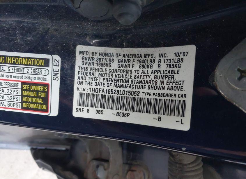 Photo 9 of 2008 Honda Civic LX (VIN 1HGFA16528L015062)