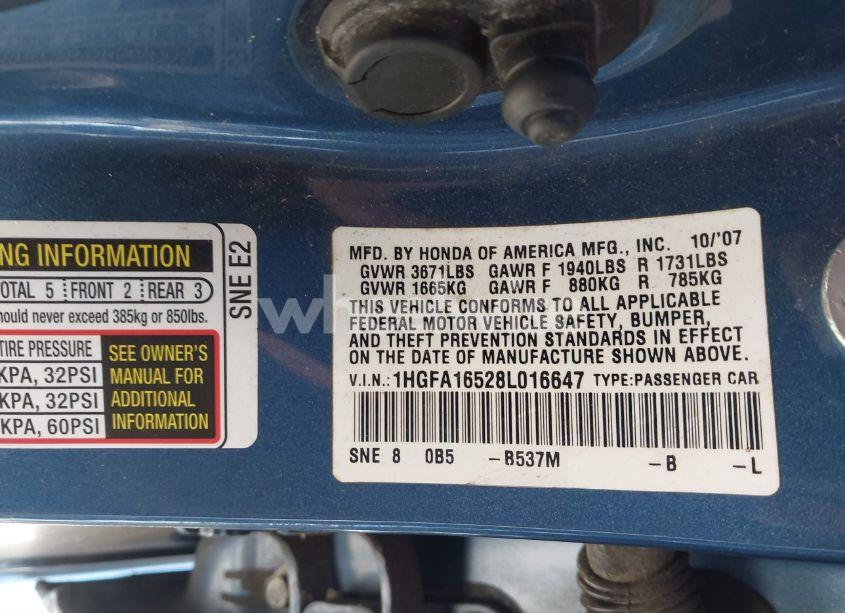 Photo 9 of 2008 Honda Civic LX (VIN 1HGFA16528L016647)