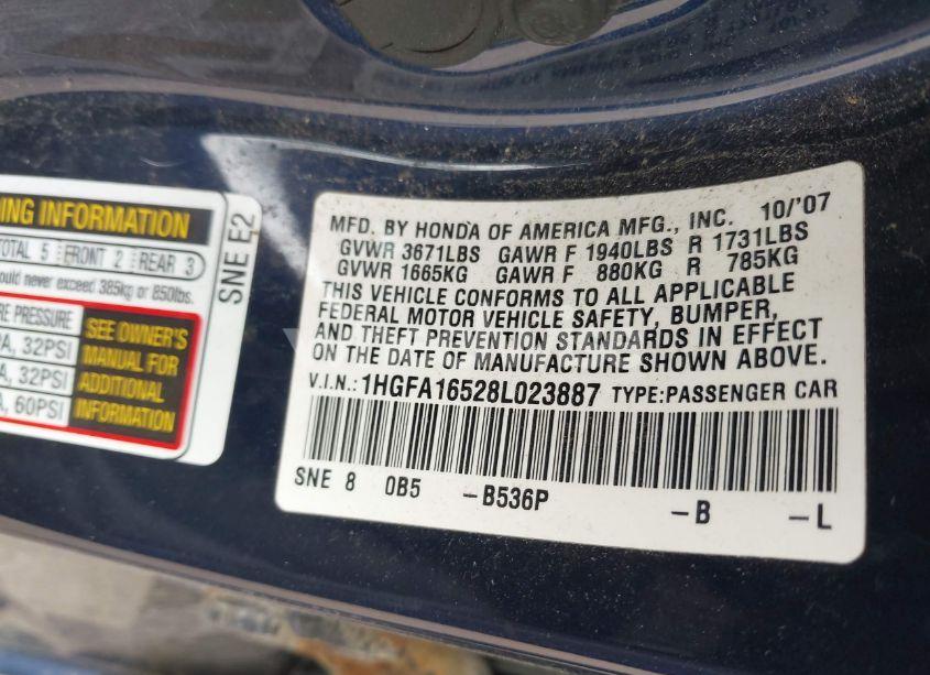 Photo 9 of 2008 Honda Civic LX (VIN 1HGFA16528L023887)