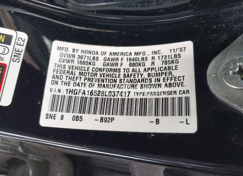 Photo 9 of 2008 Honda Civic LX (VIN 1HGFA16528L037417)