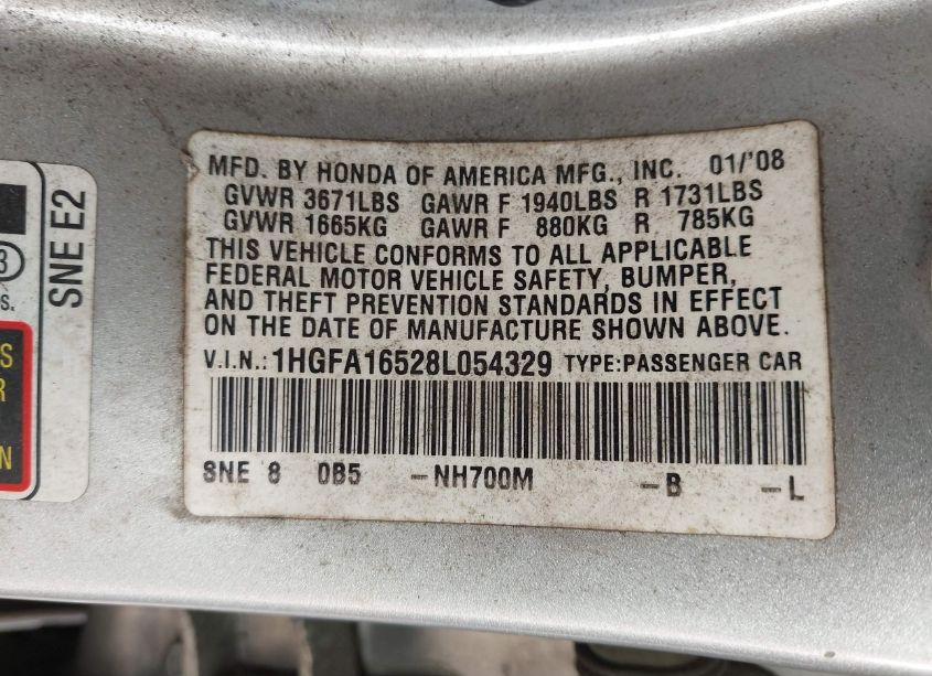 Photo 9 of 2008 Honda Civic LX (VIN 1HGFA16528L054329)