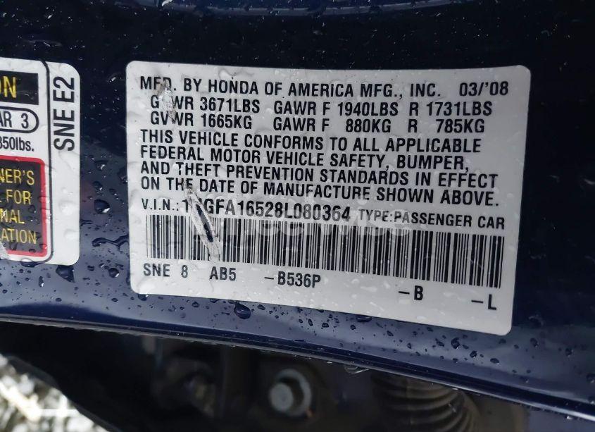 Photo 9 of 2008 Honda Civic LX (VIN 1HGFA16528L080364)