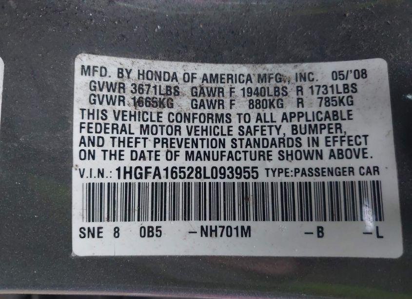 Photo 9 of 2008 Honda Civic LX (VIN 1HGFA16528L093955)