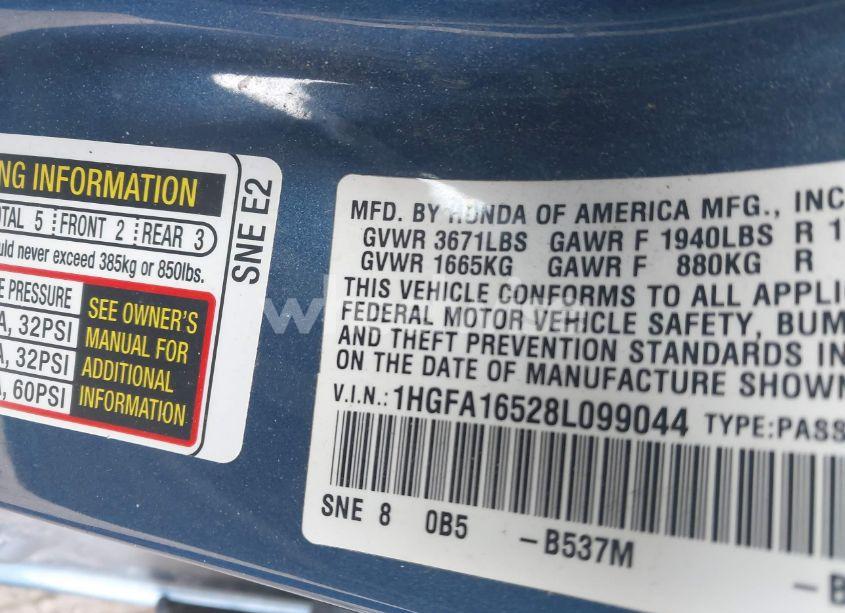 Photo 9 of 2008 Honda Civic LX (VIN 1HGFA16528L099044)
