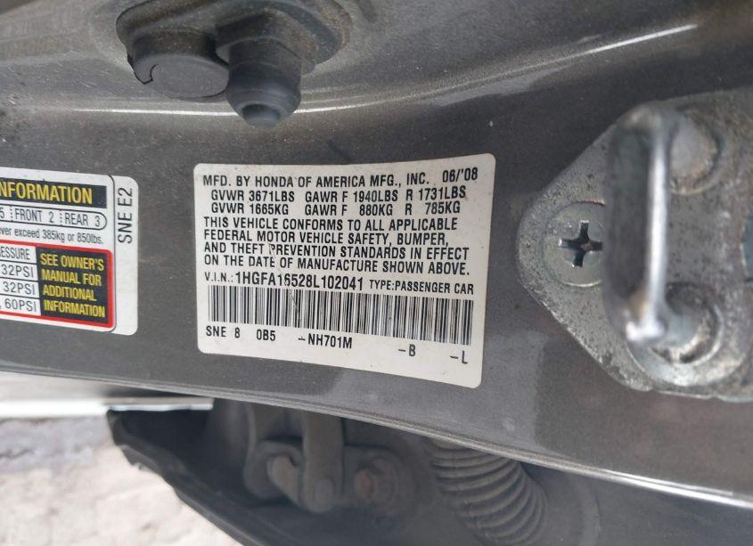 Photo 9 of 2008 Honda Civic LX (VIN 1HGFA16528L102041)
