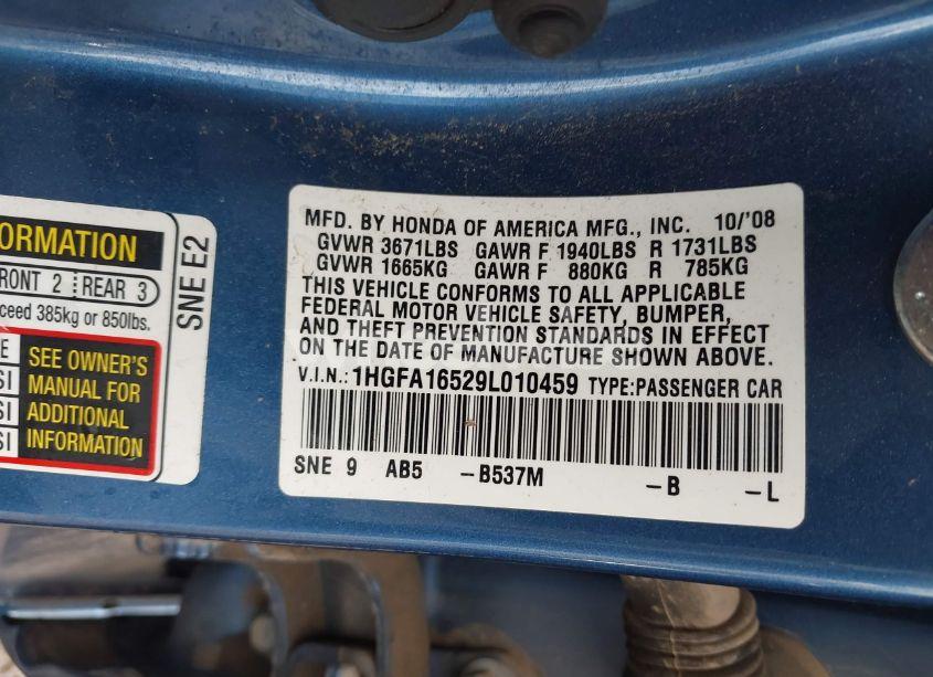 Photo 9 of 2009 Honda Civic LX (VIN 1HGFA16529L010459)