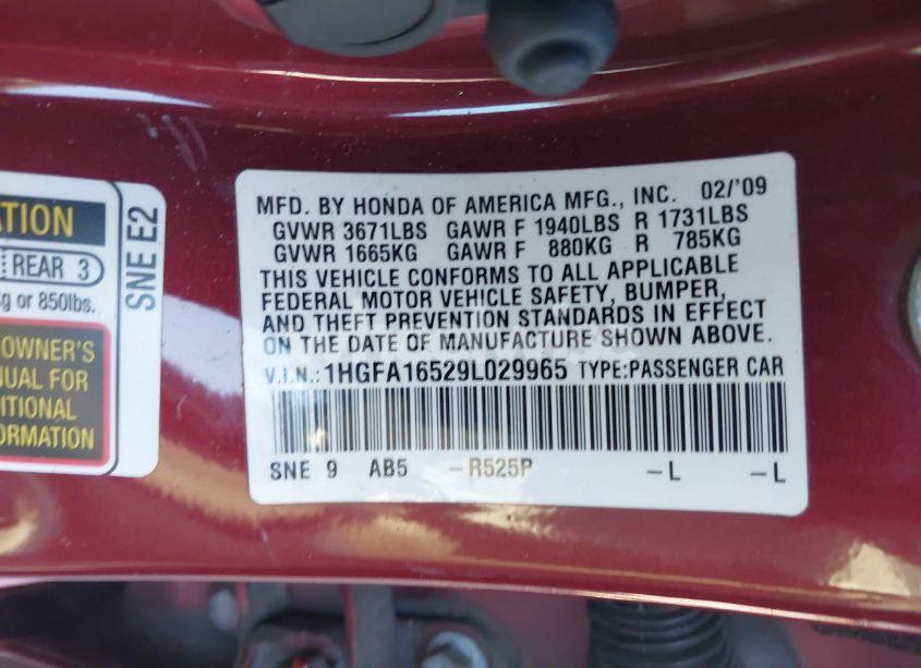 Photo 9 of 2009 Honda Civic LX (VIN 1HGFA16529L029965)
