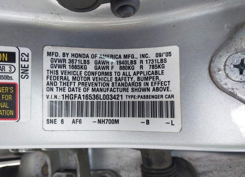 Photo 9 of 2006 Honda Civic LX (VIN 1HGFA16536L003421)