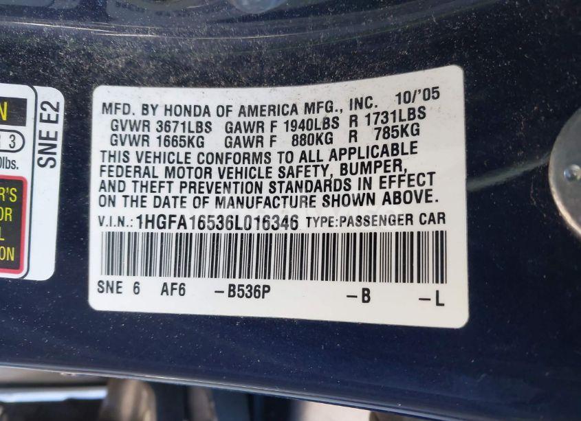 Photo 9 of 2006 Honda Civic LX (VIN 1HGFA16536L016346)