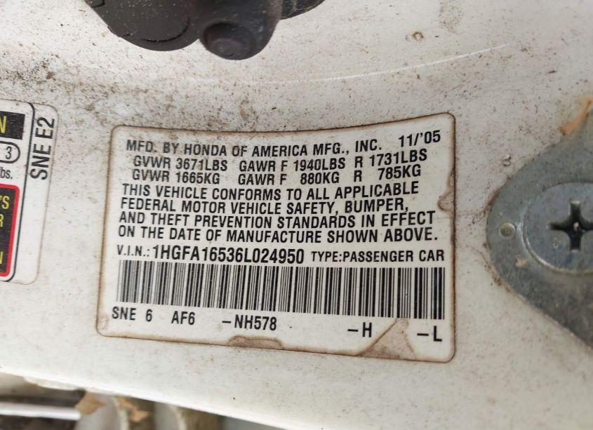 Photo 9 of 2006 Honda Civic LX (VIN 1HGFA16536L024950)