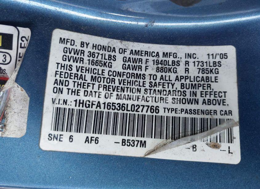 Photo 9 of 2006 Honda Civic LX (VIN 1HGFA16536L027766)