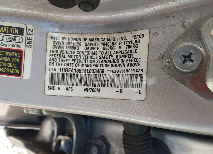 Photo 9 of 2006 Honda Civic LX (VIN 1HGFA16536L033468)