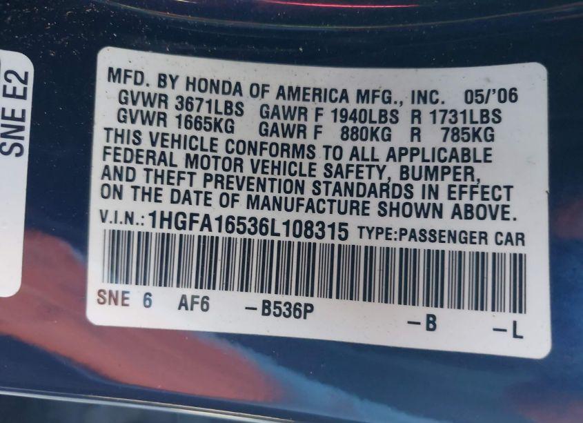 Photo 9 of 2006 Honda Civic LX (VIN 1HGFA16536L108315)