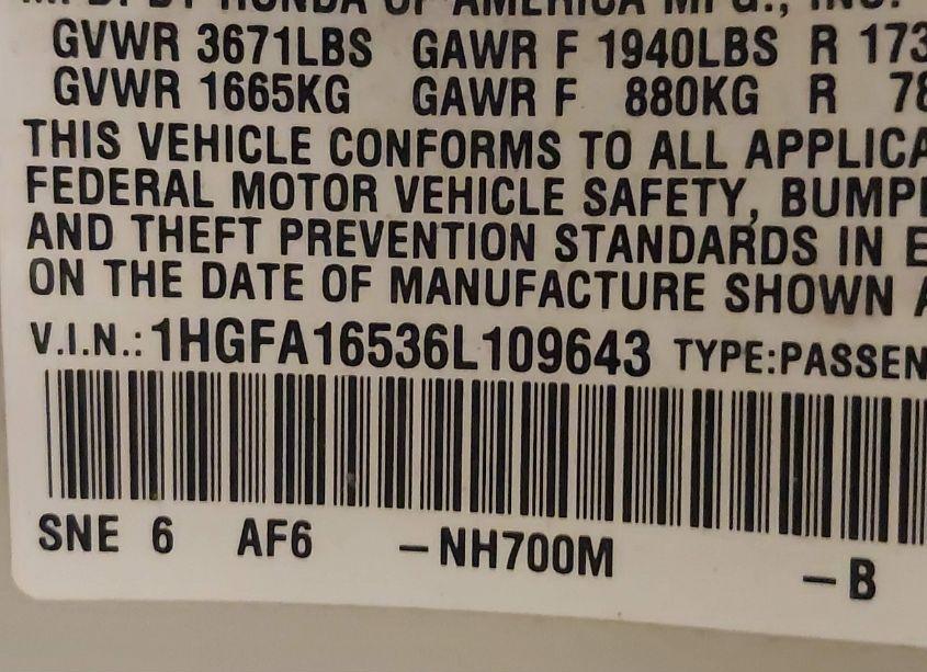 Photo 9 of 2006 Honda Civic LX (VIN 1HGFA16536L109643)