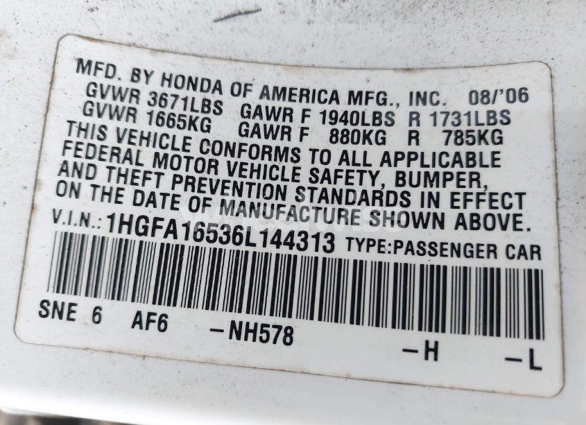 Photo 9 of 2006 Honda Civic LX (VIN 1HGFA16536L144313)