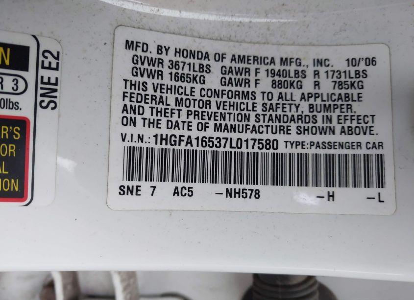 Photo 9 of 2007 Honda Civic LX (VIN 1HGFA16537L017580)