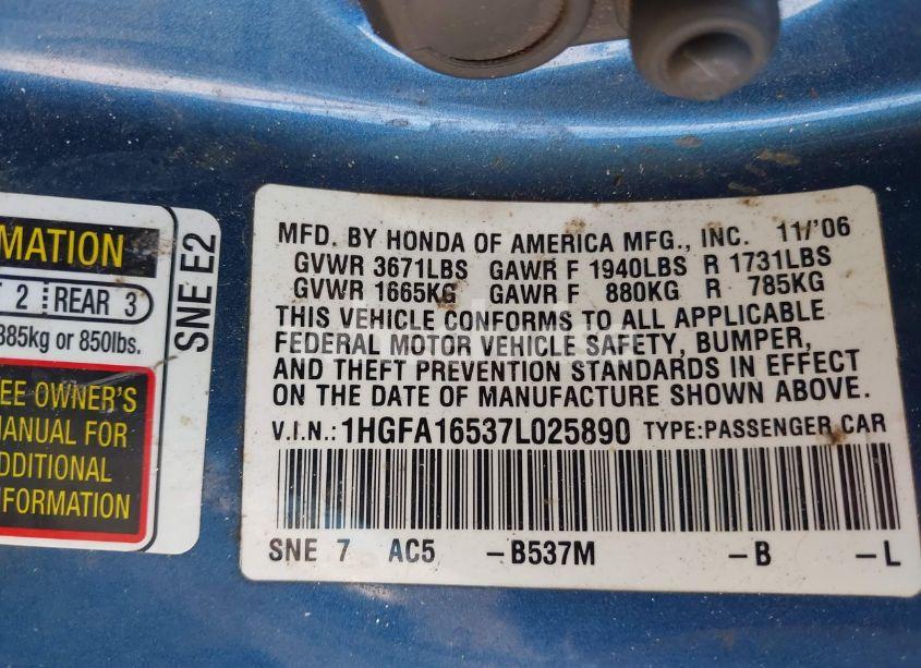 Photo 9 of 2007 Honda Civic LX (VIN 1HGFA16537L025890)