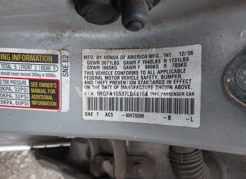 Photo 9 of 2007 Honda Civic LX (VIN 1HGFA16537L044164)