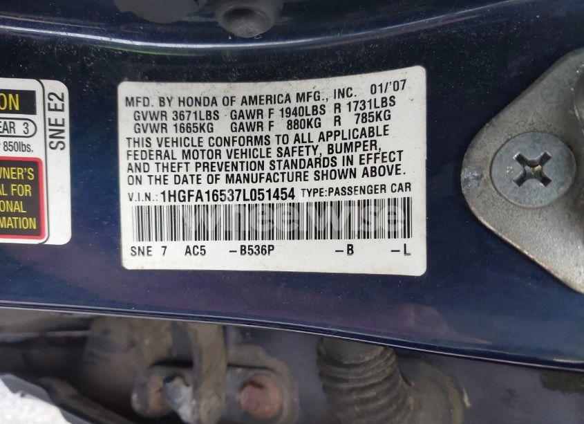 Photo 9 of 2007 Honda Civic LX (VIN 1HGFA16537L051454)