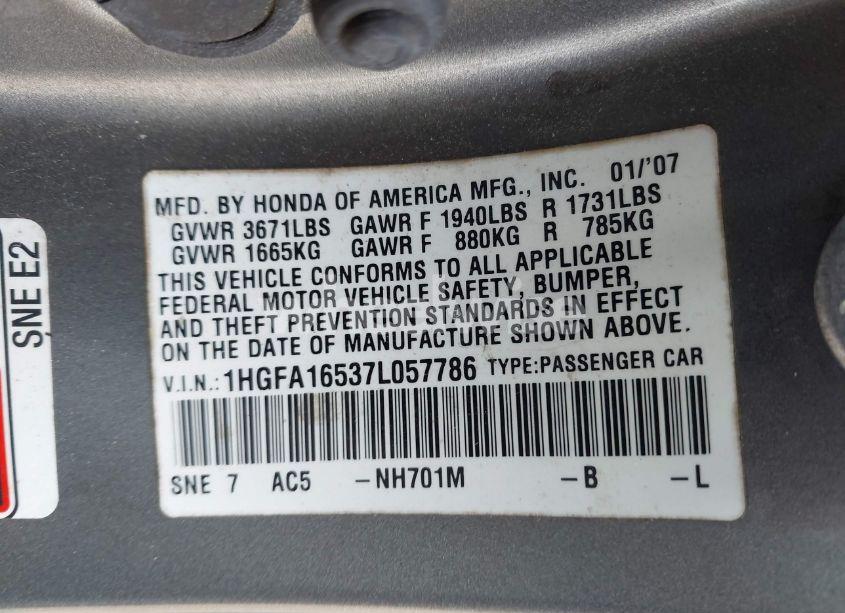 Photo 9 of 2007 Honda Civic LX (VIN 1HGFA16537L057786)