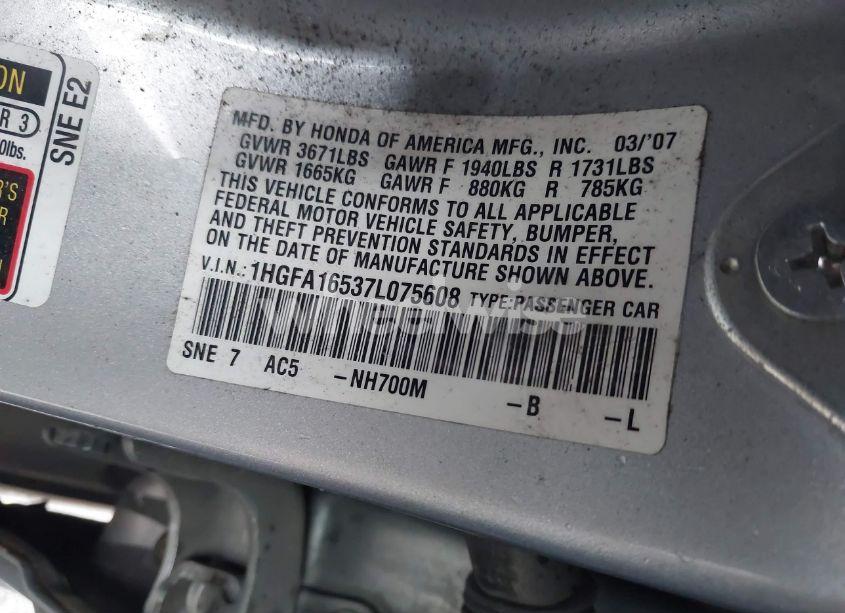 Photo 9 of 2007 Honda Civic LX (VIN 1HGFA16537L075608)