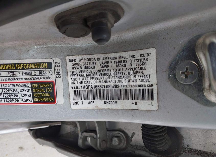 Photo 9 of 2007 Honda Civic LX (VIN 1HGFA16537L085202)