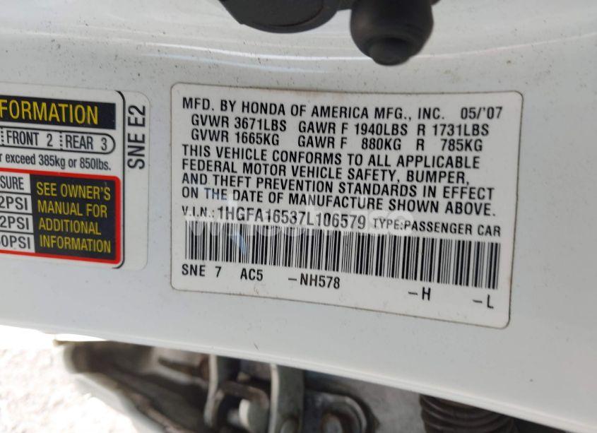 Photo 9 of 2007 Honda Civic LX (VIN 1HGFA16537L106579)