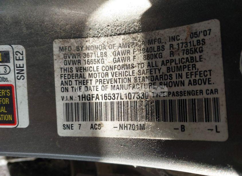 Photo 9 of 2007 Honda Civic LX (VIN 1HGFA16537L107330)