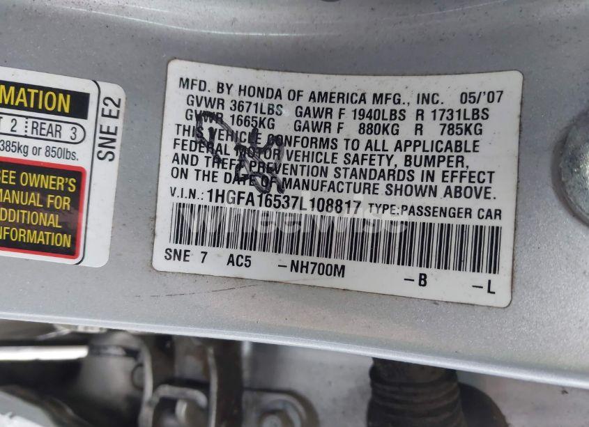 Photo 9 of 2007 Honda Civic LX (VIN 1HGFA16537L108817)