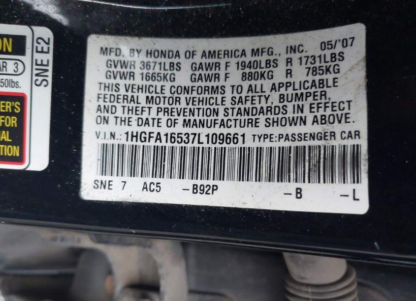 Photo 9 of 2007 Honda Civic LX (VIN 1HGFA16537L109661)